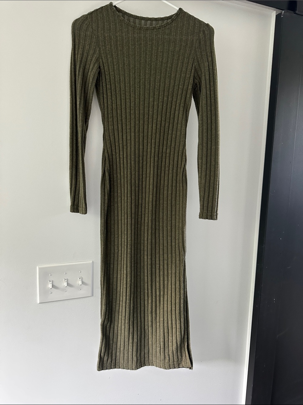 SHEIN Olive Ribbed Long Sleeve Midi Dress